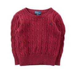 Second life - Sweter chłopięcy z dzianiny warkoczowej - Stan bardzo dobry. Czerwone swetry dla chłopców Ralph Lauren, w ażurowe wzory, z dzianiny, bez kołnierzyka, bez kaptura. Za 143.46 zł.