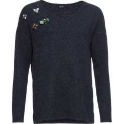 Sweter dzianinowy z aplikacjami bonprix ciemnoniebieski melanż. Swetry damskie marki bonprix. Za 79.99 zł.