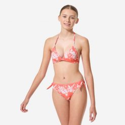Kostium kąpielowy dwuczęściowy dla dzieci Decathlon Tania Paradise. Czerwone stroje kąpielowe dla dziewczynek Decathlon, bez wzorów, z elastanu. Za 34.99 zł.