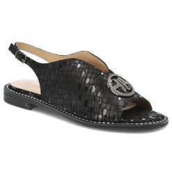 Sandały damskie S. Barski, ze skóry naturalnej we wzorki z ozdobą na płaskim obcasie, czarne, KV51-094. Czarne sandały damskie S.BARSKI, z aplikacjami, ze skóry, bez obcasa, na płaskiej podeszwie, bez zapięcia. Za 149.00 zł.