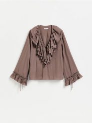 Bluzka z falbankami - brązowy. Brązowe bluzki damskie Reserved, l, bez wzorów, z tkaniny, bez kołnierzyka, bez ramiączek. Za 139.99 zł.