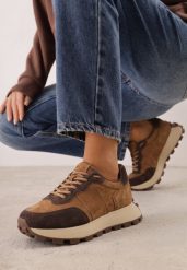Brązowe Skórzane Sneakersy Chunky na Platformie z Bieżnikiem Calmo. Brązowe obuwie sportowe damskie Renee, bez wzorów, ze skóry. Za 219.99 zł.