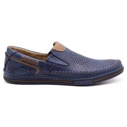 Polbut Buty męskie skórzane 09 na lato Granatowe z brązem niebieskie. Niebieskie mokasyny męskie na lato, z gumy, klasyczne. Za 319.69 zł.