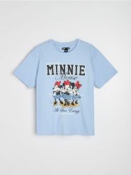 Bawełniana koszulka z nadrukiem Minnie Mouse - błękitny. Niebieskie t-shirty damskie Sinsay, l, bez wzorów, z bawełny, bez kołnierzyka. Za 29.99 zł.