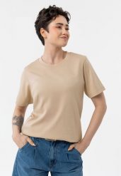 Gładka koszulka, Comfort Fit, T-LENI. Brązowe t-shirty damskie Volcano, m, bez wzorów, z bawełny, klasyczne, bez kołnierzyka. Za 69.99 zł.