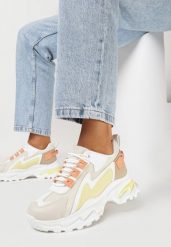 Biało-Żółte Sneakersy na Grubej Podeszwie ze Wstawkami z Animal Print Virala. Białe obuwie sportowe damskie Born2be, bez wzorów. Za 99.99 zł.