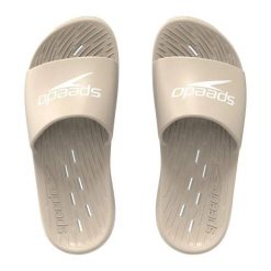 Klapki basenowe antypoślizgowe damskie Speedo Slides. Brązowe klapki damskie Speedo, bez wzorów, z materiału, bez obcasa. Za 97.99 zł.