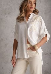 Biała Nietoperzowa Koszula z Wiskozy z Podpinanymi Rękawami i Haftem Adreaneh. Białe bluzki damskie Renee, l, z aplikacjami, z jeansu, boho, bez kołnierzyka, bez ramiączek. Za 69.99 zł.