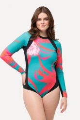Damski Kostium kąpielowy UPF 50+ długi rękaw stójka bez miękkich miseczek. Niebieskie kostiumy jednoczęściowe damskie Ulla Popken, plus size, bez wzorów, z elastanu, sportowe, plus size, do pływania. Za 223.99 zł.