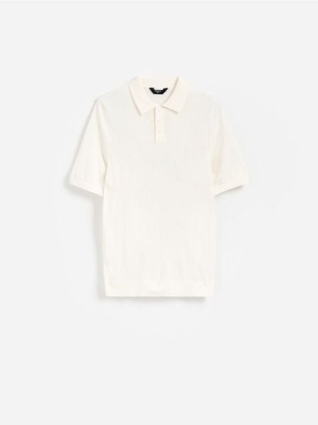 Wełniany sweter polo - biały. Białe swetry przez głowę męskie Reserved, l, bez wzorów, z wełny, bez kołnierzyka. Za 159.99 zł.