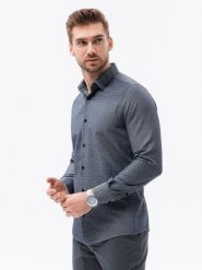 Koszula męska w drobny wzór REGULAR FIT - granatowa K601 - M. Niebieskie koszule męskie Ombre Clothing, m, bez wzorów, z bawełny, biznesowe, bez kołnierzyka, bez ramiączek. W wyprzedaży za 49.99 zł.