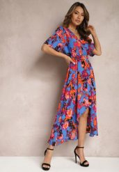 Niebiesko-Pomarańczowa Asymetryczna Sukienka z Gumką w Pasie i Kopertowym Dekoltem Perlana. Niebieskie sukienki damskie Renee, na imprezę, l, bez wzorów, eleganckie, z asymetrycznym kołnierzem, bez ramiączek, midi, asymetryczne. Za 49.99 zł.