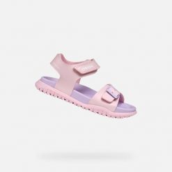 Sandały GEOX J SANDAL FUSBETTO GI Rose. Czerwone sandały damskie Geox, bez wzorów, z syntetyku, bez obcasa, bez zapięcia. Za 174.99 zł.