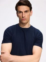 Strukturalny t-shirt slim - granatowy. Niebieskie t-shirty męskie Reserved, l, bez wzorów, z bawełny, bez kołnierzyka. Za 69.99 zł.