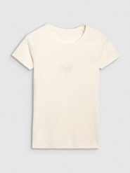 4F T-shirt slim z nadrukiem damski - biały S. Białe koszulki sportowe damskie 4f, s, bez wzorów, z bawełny, bez kołnierzyka, bez ramiączek. Za 59.99 zł.