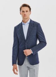 PAKO LORENTE - Granatowa marynarka w prążek z lnem. Marynarki męskie Pako Lorente, bez wzorów, z bawełny, casualowe. Za 449.99 zł.