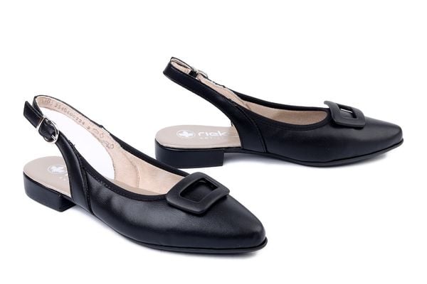 RIEKER 43150-00 black, czółenka damskie. Czarne czółenka damskie Rieker, bez wzorów, bez obcasa, na obcasie, bez zapięcia. Za 239.92 zł.