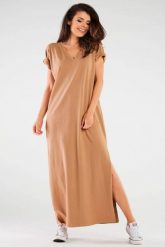 Długa sukienka z krótkim rękawem i dekoltem V beżowa. Brązowe sukienki damskie Infinite You, m, bez wzorów, bez kołnierzyka, bez ramiączek, maxi. Za 259.00 zł.