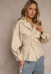 Beżowa Bawełniana Koszula Asymetrycznie Zapinana Zdobiona Wiązaniem w Talii Sanilsa. Brązowe bluzki damskie Renee, z aplikacjami, z bawełny, eleganckie, z asymetrycznym kołnierzem, bez ramiączek. Za 89.99 zł.