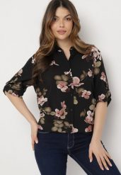 Czarno-Beżowa Koszula z Bawełny i Wiskozy z Rękawami 3/4 w Kwiaty Milkera. Czarne bluzki damskie Born2be, l, bez wzorów, z bawełny, bez kołnierzyka, bez ramiączek. Za 69.99 zł.