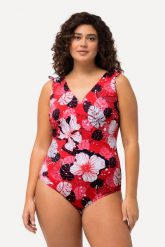 Damski Kostium kąpielowy hawajskie kwiaty miękkie miseczki dekolt w serek. Czerwone kostiumy jednoczęściowe damskie Ulla Popken, plus size, bez wzorów, z elastanu, plus size, do pływania. Za 223.99 zł.