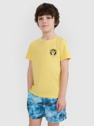 4F T-shirt regular z nadrukiem chłopięcy - żółty 140 (9-10 lat). Żółte t-shirty dla chłopców 4f, bez wzorów, z bawełny, bez ramiączek. W wyprzedaży za 29.99 zł.