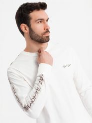 Bawełniany męski longsleeve U-neck z lampasami i nadrukiem na piersi złamana biel V3 OM-LSCL-0127 XL. Bluzki z długim rękawem męskie Ombre, m, bez wzorów, z bawełny, bez kołnierzyka. Za 196.65 zł.