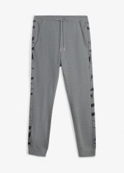 Spodnie sportowe z paskami po bokach, z bawełny organicznej. Szare spodnie sportowe męskie bonprix, l, bez wzorów, z bawełny. Za 109.99 zł.