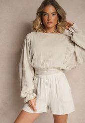 Beżowe Basicowe Szorty z Bawełny High Waist Naldelle. Brązowe szorty damskie Renee, na wiosnę, bez wzorów, z bawełny, eleganckie, z podwyższonym stanem. Za 49.99 zł.