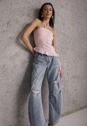 Niebieskie Asymetryczne Jeansy Balloon z Bawełny z Przetarciami i Dziurami Nedissa. Niebieskie jeansy damskie Renee. Za 119.99 zł.