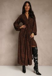 Brązowa Sukienka z Rozcięciem na Nogę Ozdobiona Marszczeniem Zozanne. Brązowe sukienki dla dziewczynek Renee, bez wzorów, bez ramiączek. Za 159.99 zł.