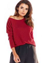 Bordowy Dzianinowy Sweter w Łódkę o Kroju Oversize. Czerwone swetry damskie Awama, l, bez wzorów, z dzianiny, bez kołnierzyka, bez ramiączek, bez kaptura. Za 169.90 zł.