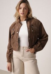 Brązowa Kurtka z Imitacji Zamszu w Stylu Utility z Suwakami i Paskiem Birasa. Brązowe kurtki damskie Born2be, l, bez wzorów, z jeansu, bez kaptura. Za 219.99 zł.