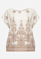 Beżowa Wiskozowa Bluzka z Etnicznym Wzorem Melloshell. Brązowe bluzki damskie Born2be, l, bez wzorów, z wiskozy, eleganckie, bez kołnierzyka, bez ramiączek. Za 49.99 zł.