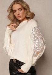 Jasnobeżowy Dzianinowy Sweter z Ozdobną Wstawką z Siateczki i Koralikami Isadorra. Brązowe swetry damskie Renee, bez wzorów, z dzianiny, casualowe, bez kołnierzyka, bez ramiączek, bez kaptura. Za 169.99 zł.