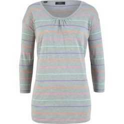 Shirt bawełniany w paski, z gumką w dolnej części, rękawy 3/4 bonprix szary melanż w kolorowe paski. Bluzki damskie bonprix. Za 44.99 zł.