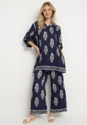Granatowy Komplet w Stylu Boho Oversize Długa Koszula i Luźne Spodnie Meppina. Niebieskie koszule damskie Born2be, na wiosnę, m, bez wzorów, boho, bez kołnierzyka, bez ramiączek. Za 119.99 zł.