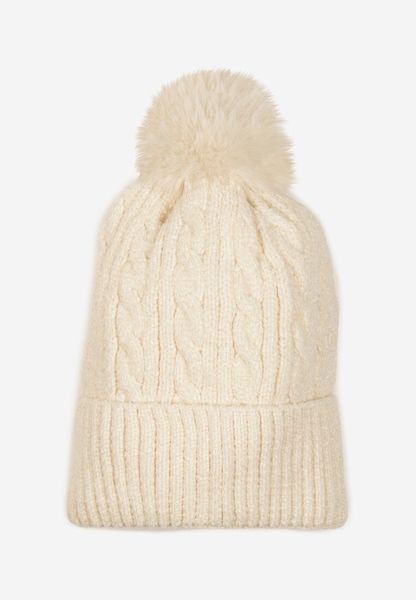 Beżowa Czapka z Pomponem Zdobiona Warkoczowym Splotem Emmirae. Brązowe czapki i kapelusze damskie Born2be, z aplikacjami, z dzianiny, eleganckie. Za 34.99 zł.