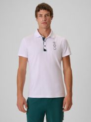 4F Koszulka polo regular męska - biała M. Białe koszulki polo męskie 4f, m, bez wzorów, z bawełny, klasyczne, bez ramiączek. Za 129.99 zł.