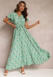 Zielona Plisowana Sukienka Maxi w Kwiatki z Gumką w Talii Ikama. Zielone sukienki damskie Renee, l, bez wzorów, z materiału, bez kołnierzyka, bez ramiączek, maxi. Za 59.99 zł.