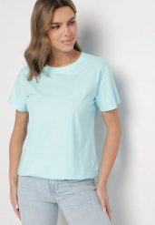 Jasnoniebieski Gładki T-shirt z Bawełny o Klasycznym Kroju Natime. Niebieskie bluzki damskie Born2be, l, bez wzorów, z bawełny, klasyczne, bez kołnierzyka. Za 39.99 zł.