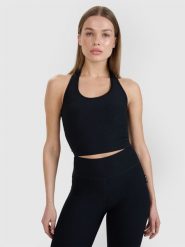 4F Crop top slim gładki damski 4F x Anna Lewandowska - czarny XS. Czarne koszulki sportowe damskie 4f, l, bez wzorów, z dzianiny, bez kołnierzyka, bez ramiączek. Za 59.99 zł.