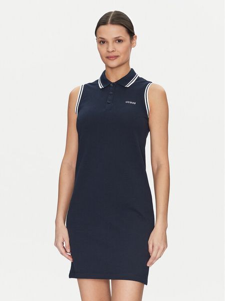 Guess Sukienka codzienna V5GK04 KCOK1 Granatowy Regular Fit. Niebieskie sukienki damskie Guess, na co dzień, s, z aplikacjami, z bawełny, bez kołnierzyka, bez ramiączek, proste. Za 159.99 zł.