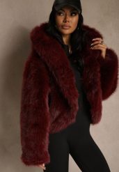 Bordowa Kurtka Futro z Nieodpinanym Kapturem Zetera. Czerwone kurtki damskie Renee, l, bez wzorów, z futra. Za 259.99 zł.