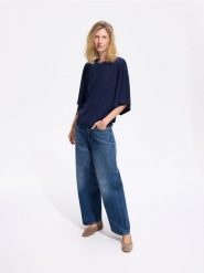 Bluzka z wiskozą - granatowy. Niebieskie bluzki damskie Reserved, l, bez wzorów, z dzianiny, bez kołnierzyka, bez ramiączek. Za 79.99 zł.