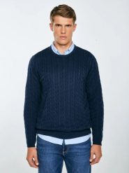 Sweter męski ze splotem warkoczowym granatowy Amaris 403. Niebieskie swetry przez głowę męskie Big Star, l, bez wzorów, z bawełny, bez kołnierzyka. Za 229.99 zł.