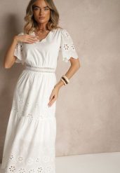 Biała Rozkloszowana Sukienka z Bawełny z Haftowanymi Zdobieniami w Stylu Boho Efrivina. Białe sukienki damskie Renee, na spotkanie biznesowe, m, z aplikacjami, z bawełny, boho, bez kołnierzyka, bez ramiączek, maxi, kopertowe. Za 99.99 zł.