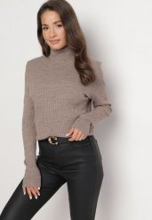 Ciemnobeżowy Prążkowany Golf o Dopasowanym Kroju Ahezza. Brązowe swetry damskie Born2be, m, bez wzorów, prążkowane, bez kołnierzyka, bez ramiączek, bez kaptura. Za 74.99 zł.