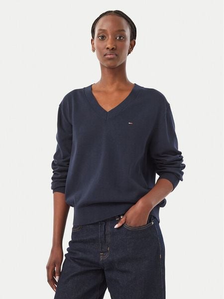 Tommy Jeans Sweter Essential DW0DW23362 Granatowy Regular Fit. Niebieskie swetry damskie Tommy Jeans, s, bez wzorów, z jeansu, bez kołnierzyka, bez ramiączek, bez kaptura. Za 369.99 zł.