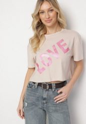 Ciemnobeżowy Bawełniany T-shirt Oversize o Krótkim Kroju z Napisem Sannelia. Brązowe bluzki damskie Born2be, m, bez wzorów, z bawełny, bez kołnierzyka. Za 34.99 zł.